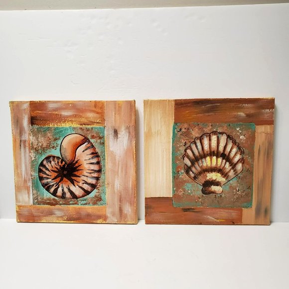 Shell Canvas Paintings, Set of 2, Coastal Decor, Beachy Sea Shells 12" - Picture 1 of 8